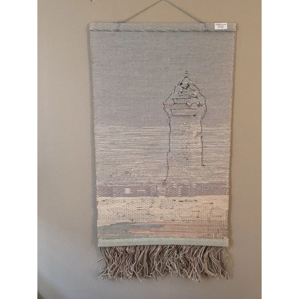 Woven Jute Lighthouse Wall Hanging From India 47”x24” Fringe